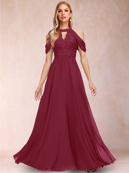 A-Line/Princess Cold Shoulder Short Sleeves Mother of the Bride Dresses with Applique