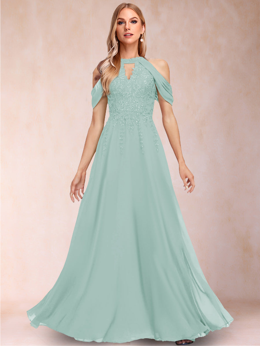 A-Line/Princess Cold Shoulder Short Sleeves Mother of the Bride Dresses with Applique