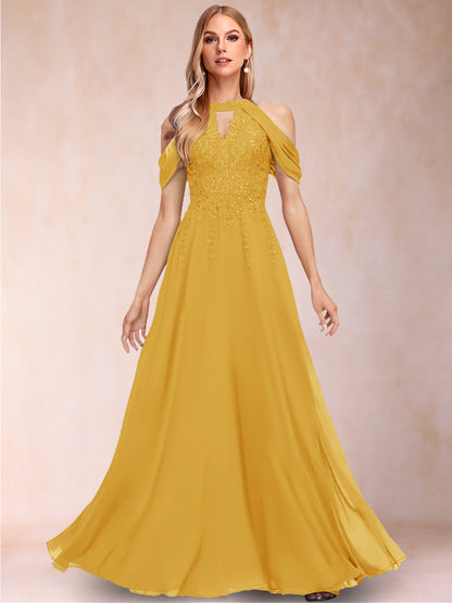 A-Line/Princess Cold Shoulder Short Sleeves Mother of the Bride Dresses with Applique