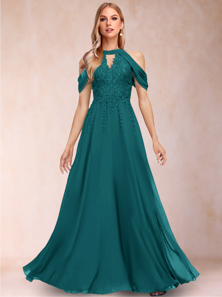 A-Line/Princess Cold Shoulder Short Sleeves Mother of the Bride Dresses with Applique