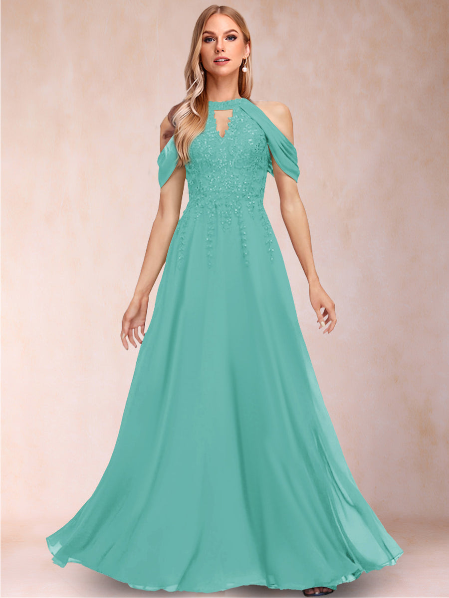 A-Line/Princess Cold Shoulder Short Sleeves Mother of the Bride Dresses with Applique