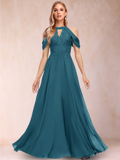 A-Line/Princess Cold Shoulder Short Sleeves Mother of the Bride Dresses with Applique