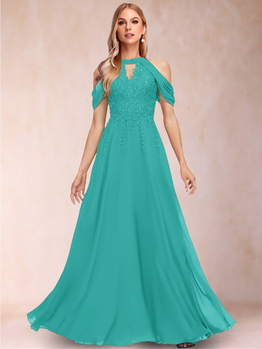 A-Line/Princess Cold Shoulder Short Sleeves Mother of the Bride Dresses with Applique