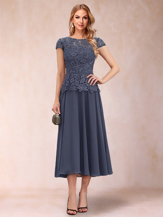 A-Line/Princess Chiffon Scoop Short Sleeves Mother of the Bride Dresses with Applique