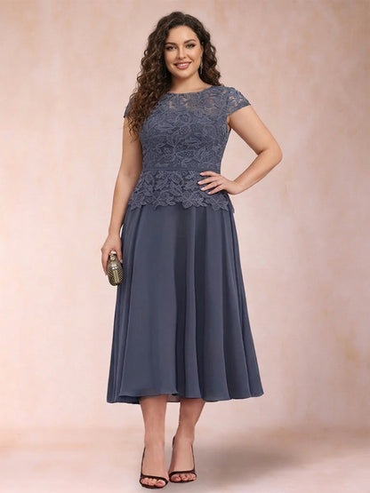 A-Line/Princess Chiffon Scoop Short Sleeves Plus Size Mother of the Bride Dresses with Applique