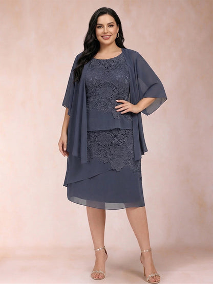 Sheath/Column Scoop Half Sleeves 2 Pieces Plus Size Mother of the Bride Dresses with Applique & Jacket
