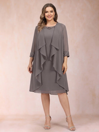 Sheath/Column Scoop 3/4 Sleeves 2 Pieces Plus Size Mother of the Bride Dresses with Rhinestone & Jacket