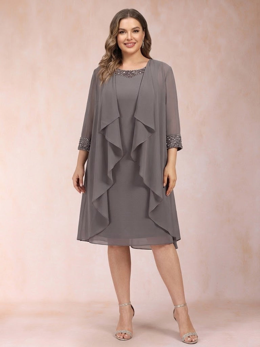 Sheath/Column Scoop 3/4 Sleeves 2 Pieces Plus Size Mother of the Bride Dresses with Rhinestone & Jacket