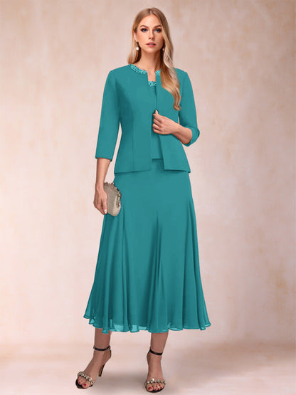 A-Line/Princess Scoop 3/4 Sleeves 2 Pieces Mother of the Bride Dresses with Sequins