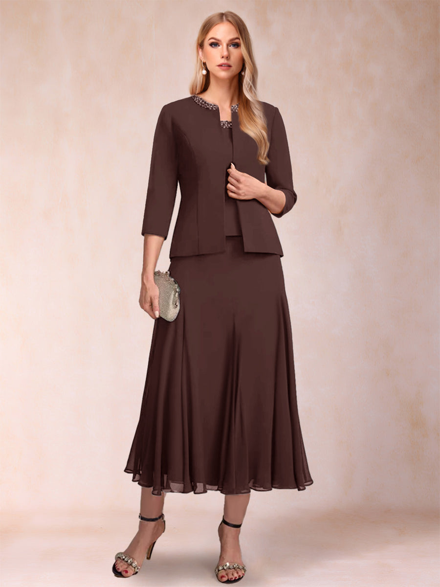 A-Line/Princess Scoop 3/4 Sleeves 2 Pieces Mother of the Bride Dresses with Sequins