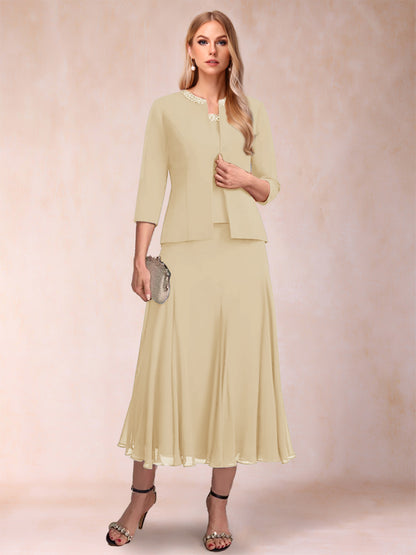 A-Line/Princess Scoop 3/4 Sleeves 2 Pieces Mother of the Bride Dresses with Sequins