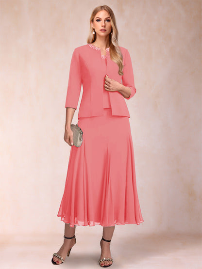 A-Line/Princess Scoop 3/4 Sleeves 2 Pieces Mother of the Bride Dresses with Sequins