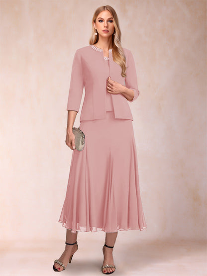 A-Line/Princess Scoop 3/4 Sleeves 2 Pieces Mother of the Bride Dresses with Sequins