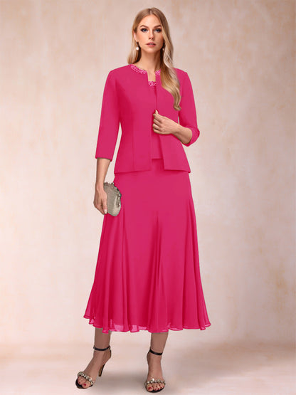 A-Line/Princess Scoop 3/4 Sleeves 2 Pieces Mother of the Bride Dresses with Sequins