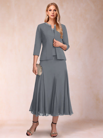 A-Line/Princess Scoop 3/4 Sleeves 2 Pieces Mother of the Bride Dresses with Sequins