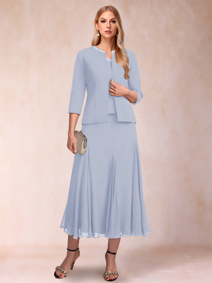 A-Line/Princess Scoop 3/4 Sleeves 2 Pieces Mother of the Bride Dresses with Sequins