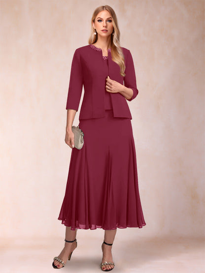 A-Line/Princess Scoop 3/4 Sleeves 2 Pieces Mother of the Bride Dresses with Sequins