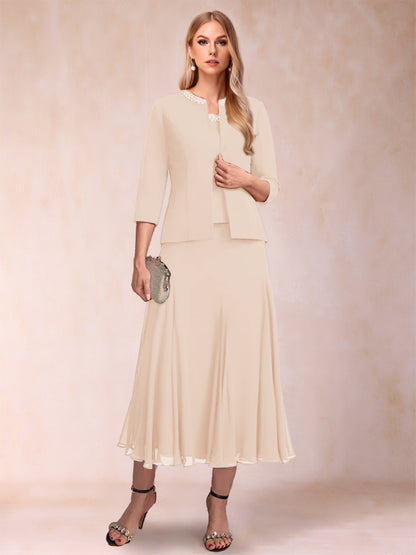 A-Line/Princess Scoop 3/4 Sleeves 2 Pieces Mother of the Bride Dresses with Sequins