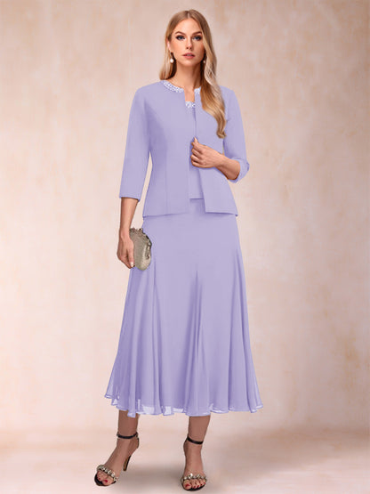 A-Line/Princess Scoop 3/4 Sleeves 2 Pieces Mother of the Bride Dresses with Sequins