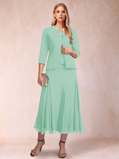 A-Line/Princess Scoop 3/4 Sleeves 2 Pieces Mother of the Bride Dresses with Sequins