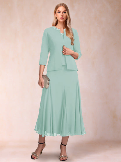 A-Line/Princess Scoop 3/4 Sleeves 2 Pieces Mother of the Bride Dresses with Sequins