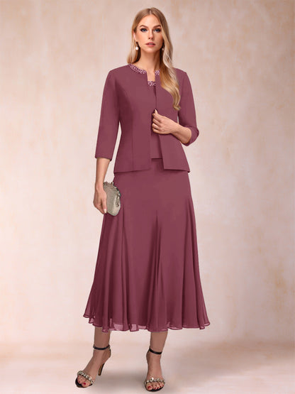 A-Line/Princess Scoop 3/4 Sleeves 2 Pieces Mother of the Bride Dresses with Sequins