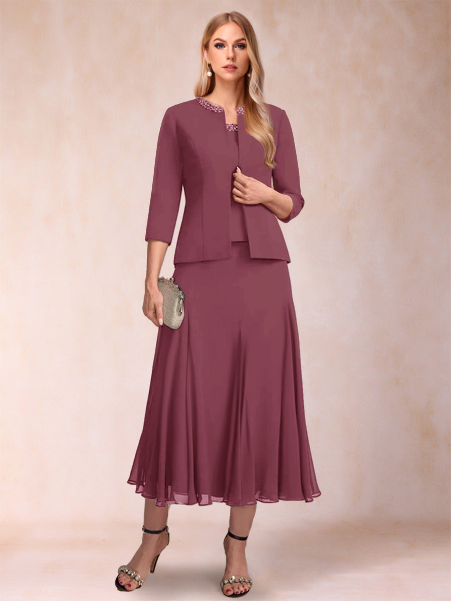 A-Line/Princess Scoop 3/4 Sleeves 2 Pieces Mother of the Bride Dresses with Sequins