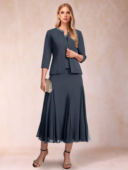 A-Line/Princess Scoop 3/4 Sleeves 2 Pieces Mother of the Bride Dresses with Sequins