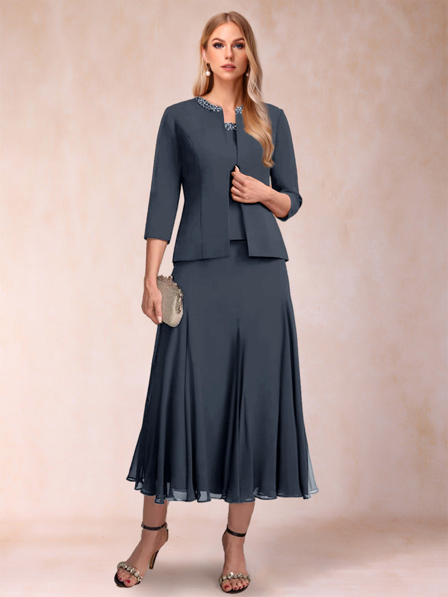 A-Line/Princess Scoop 3/4 Sleeves 2 Pieces Mother of the Bride Dresses with Sequins