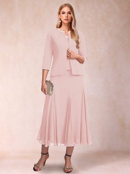 A-Line/Princess Scoop 3/4 Sleeves 2 Pieces Mother of the Bride Dresses with Sequins