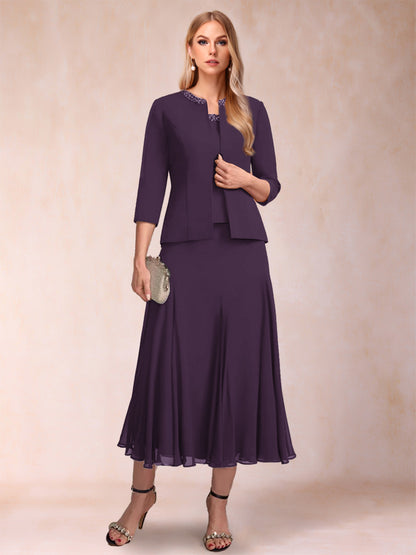 A-Line/Princess Scoop 3/4 Sleeves 2 Pieces Mother of the Bride Dresses with Sequins