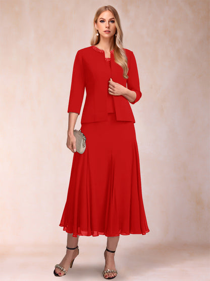 A-Line/Princess Scoop 3/4 Sleeves 2 Pieces Mother of the Bride Dresses with Sequins