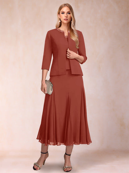 A-Line/Princess Scoop 3/4 Sleeves 2 Pieces Mother of the Bride Dresses with Sequins