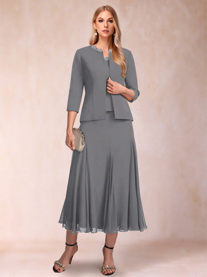 A-Line/Princess Scoop 3/4 Sleeves 2 Pieces Mother of the Bride Dresses with Sequins