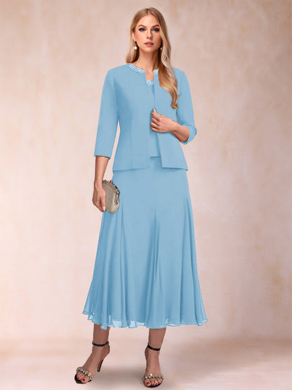 A-Line/Princess Scoop 3/4 Sleeves 2 Pieces Mother of the Bride Dresses with Sequins