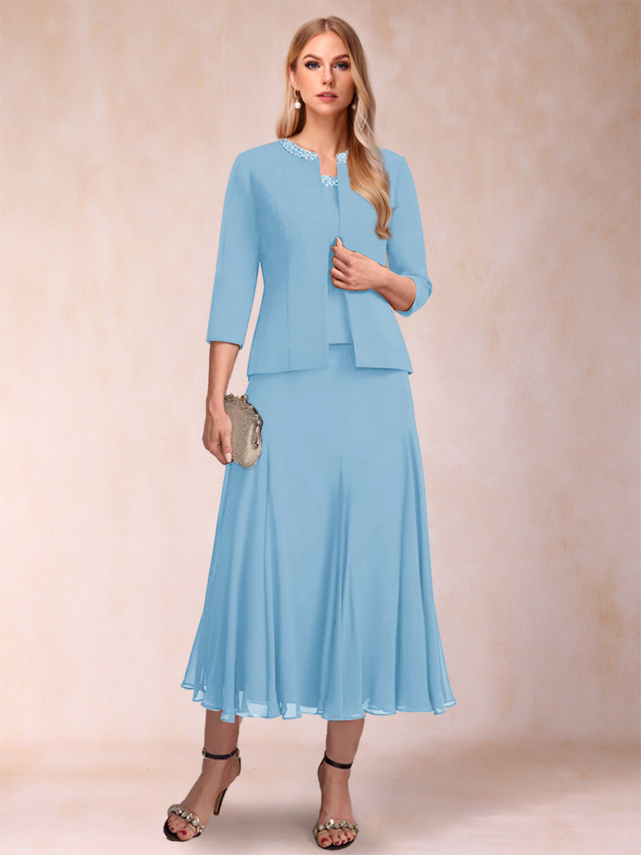 A-Line/Princess Scoop 3/4 Sleeves 2 Pieces Mother of the Bride Dresses with Sequins