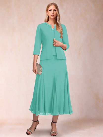 A-Line/Princess Scoop 3/4 Sleeves 2 Pieces Mother of the Bride Dresses with Sequins