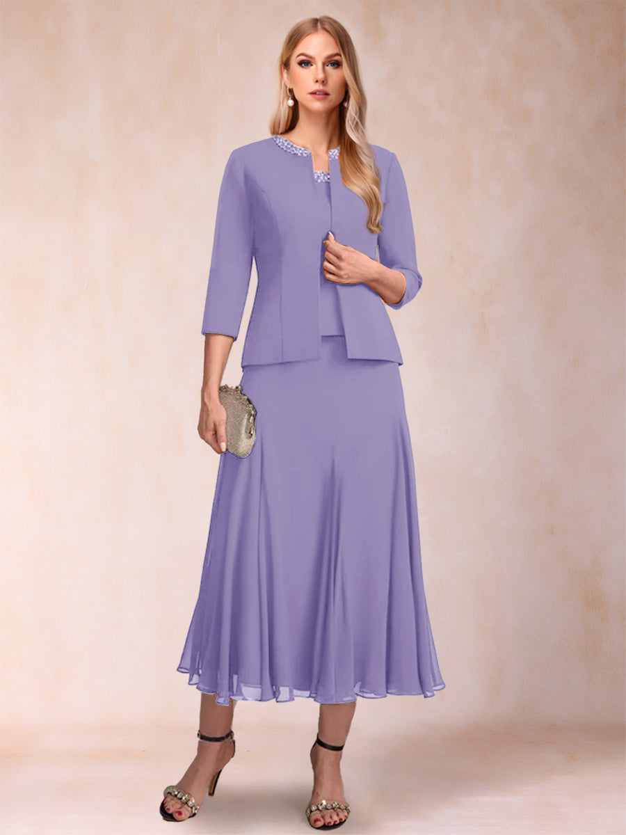 A-Line/Princess Scoop 3/4 Sleeves 2 Pieces Mother of the Bride Dresses with Sequins