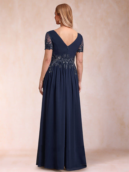 A-Line/Princess V-Neck Short Sleeves Mother of the Bride Dresses with Applique