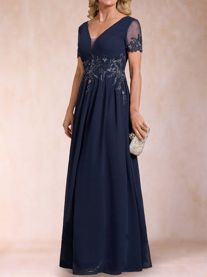 A-Line/Princess V-Neck Short Sleeves Mother of the Bride Dresses with Applique