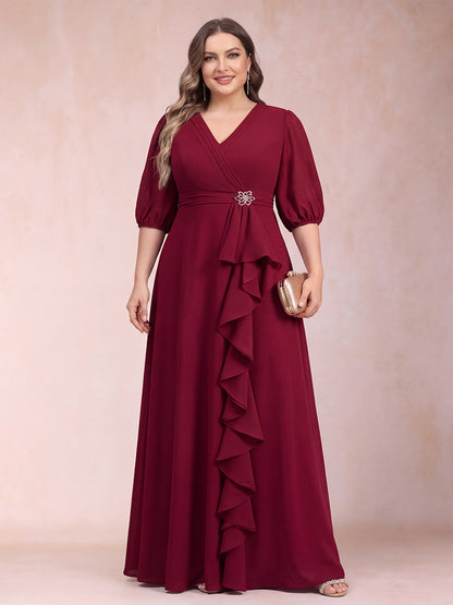 A-Line/Princess V-Neck 3/4 Sleeves Plus Size Mother of the Bride Dresses with Ruffles