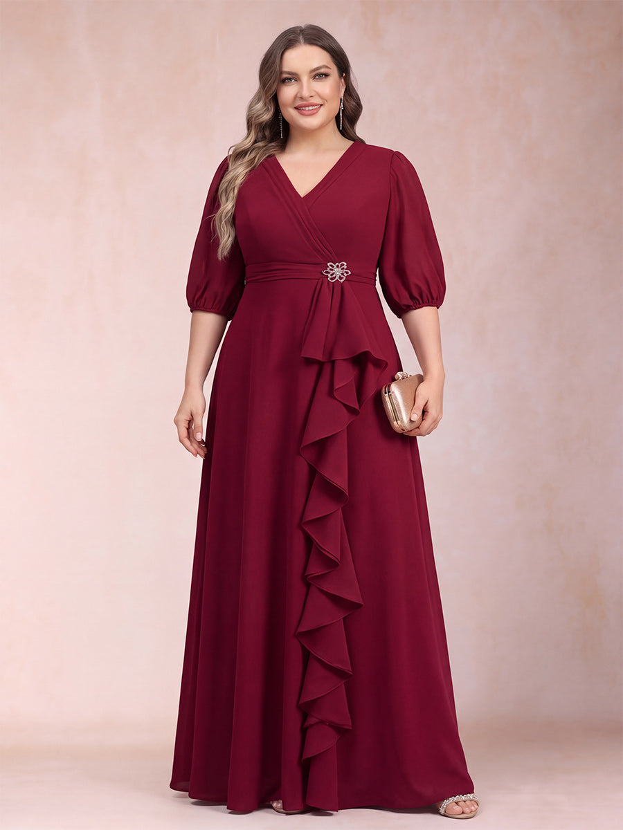 A-Line/Princess V-Neck 3/4 Sleeves Plus Size Mother of the Bride Dresses with Ruffles
