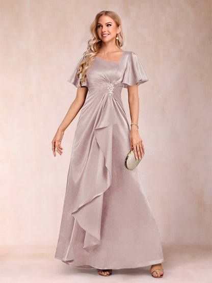 A-Line/Princess V-Neck Short Sleeves Mother of the Bride Dresses with Sash