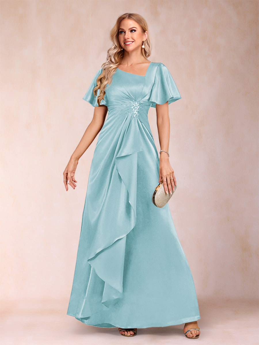 A-Line/Princess V-Neck Short Sleeves Mother of the Bride Dresses with Sash