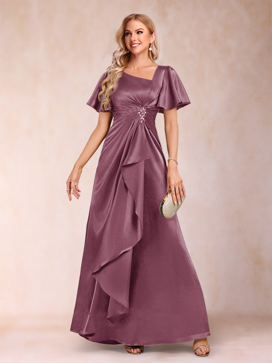 A-Line/Princess V-Neck Short Sleeves Mother of the Bride Dresses with Sash