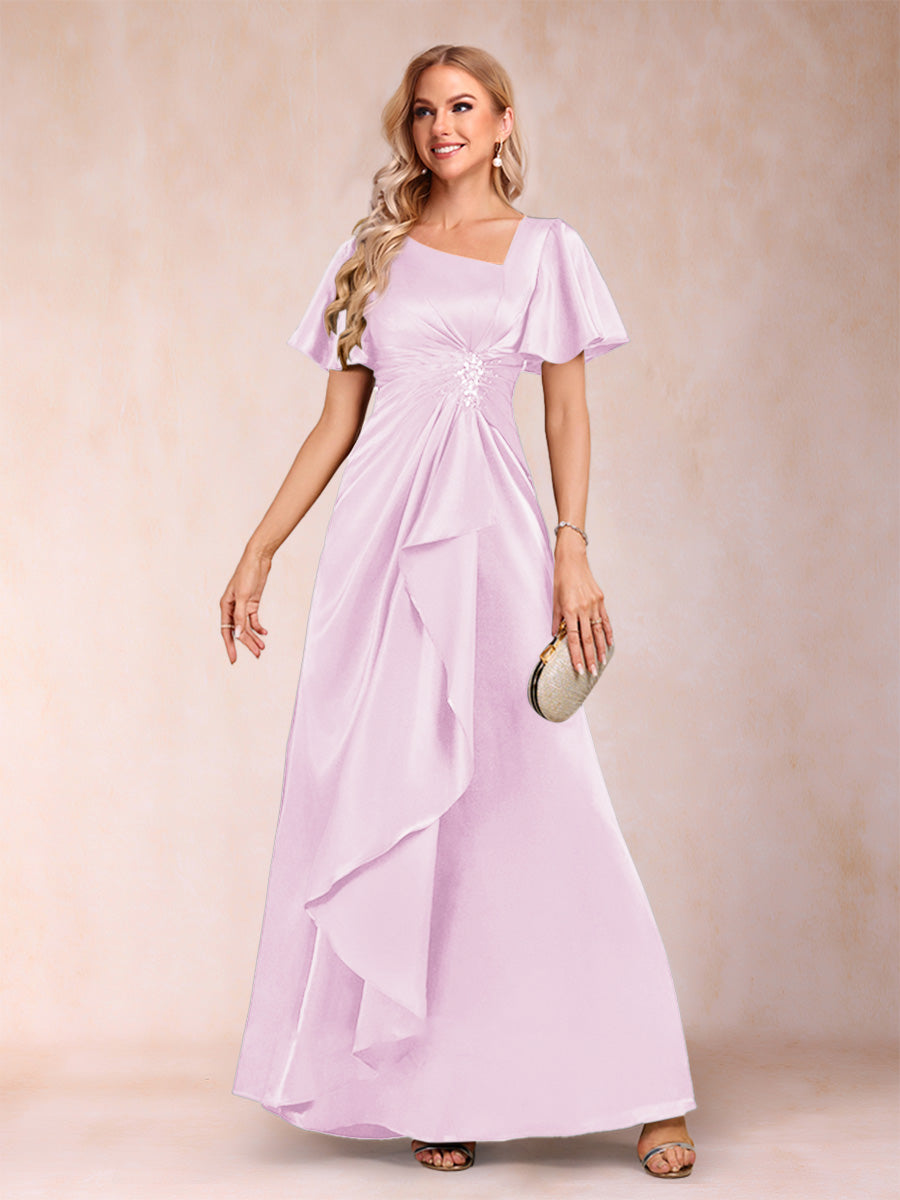 A-Line/Princess V-Neck Short Sleeves Mother of the Bride Dresses with Sash