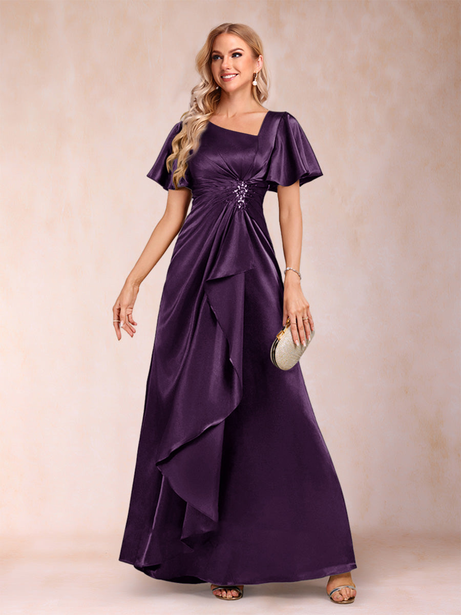 A-Line/Princess V-Neck Short Sleeves Mother of the Bride Dresses with Sash