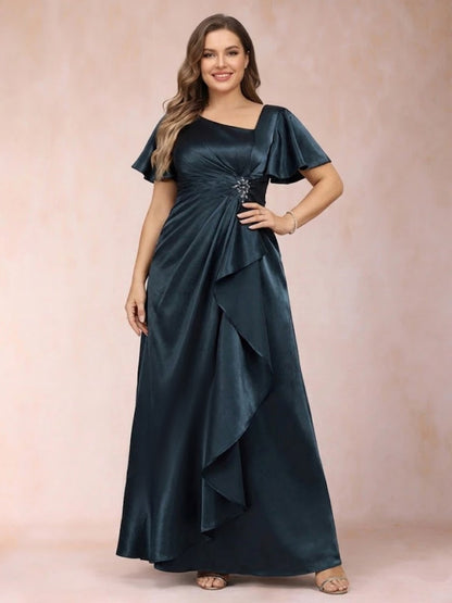 A-Line/Princess V-Neck Short Sleeves Plus Size Mother of the Bride Dresses with Sash