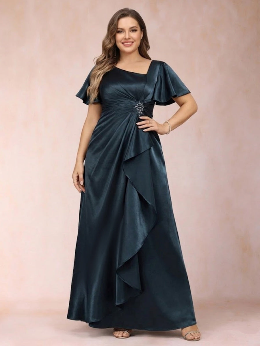A-Line/Princess V-Neck Short Sleeves Plus Size Mother of the Bride Dresses with Sash