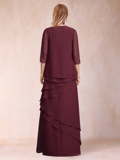 Sheath/Column Scoop 3/4 Sleeves 2 Pieces Mother of the Bride Dress with Tiered & Jacket